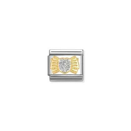 030220/25 NEW 18ct Yellow Gold & Enamel Glitter Heart Bow Glitter Link