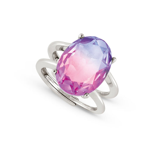240801/028 SYMBIOSI Sterling Silver Double Band Ring with BICOLOR stone (028_PINK-PURPLE)