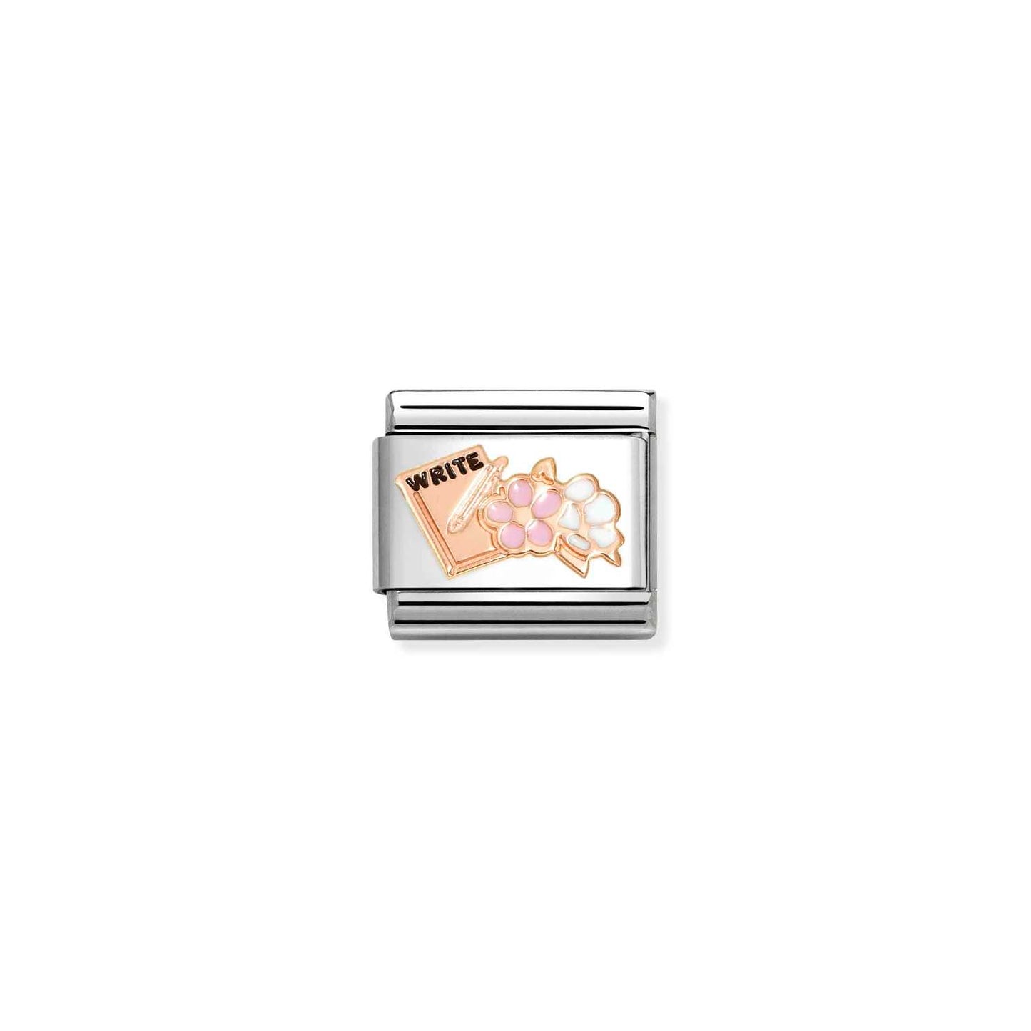 430202/24 NEW Classic 9ct Rose Gold & Enamel Writing Book with Flowers Link