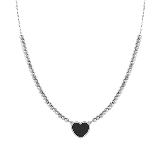 EMOSFERE Steel Chain & Beaded Black Enamel Heart Necklace 134204/035