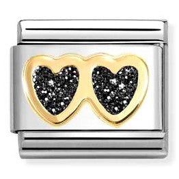 030220/14 NEW Classic 18ct YG Double Heart with Glitter Enamel Heart BLACK