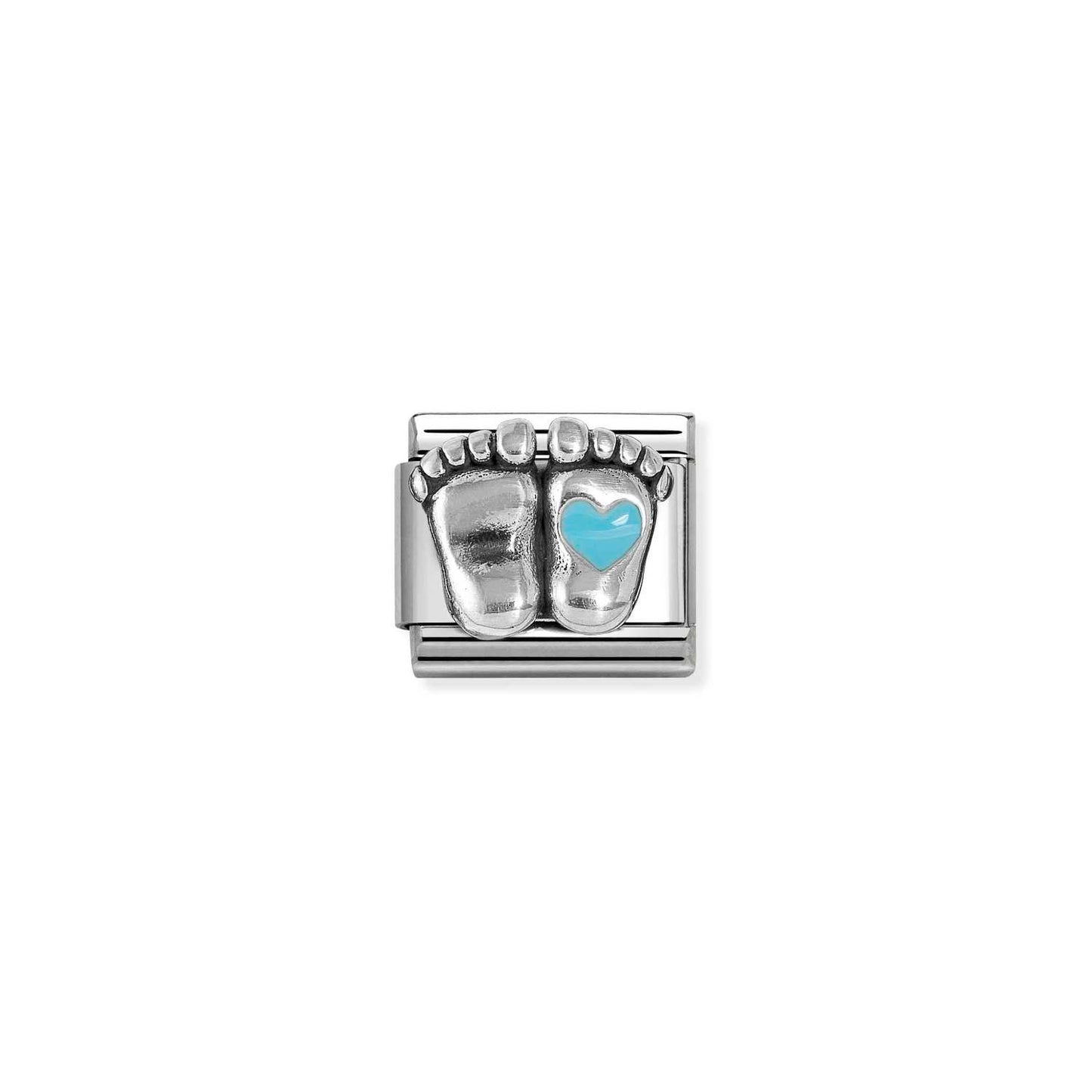 330204/30 NEW Composable Classic Sterling Silver and Enamel Baby Feet with Heart Link (Light Blue)