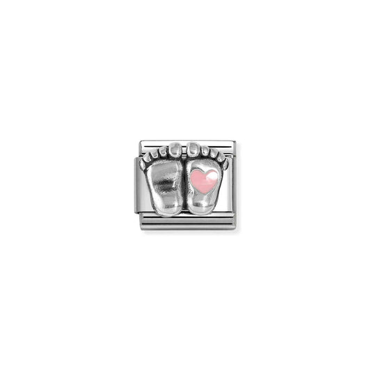 330204/31 NEW Composable Classic Sterling Silver and Enamel Baby Feet with Heart Link (Pink)