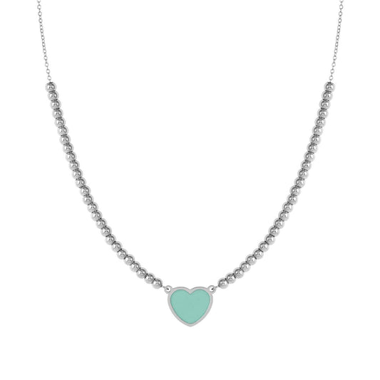 EMOSFERE Steel Chain & Beaded Green Enamel Heart Necklace 134204/002