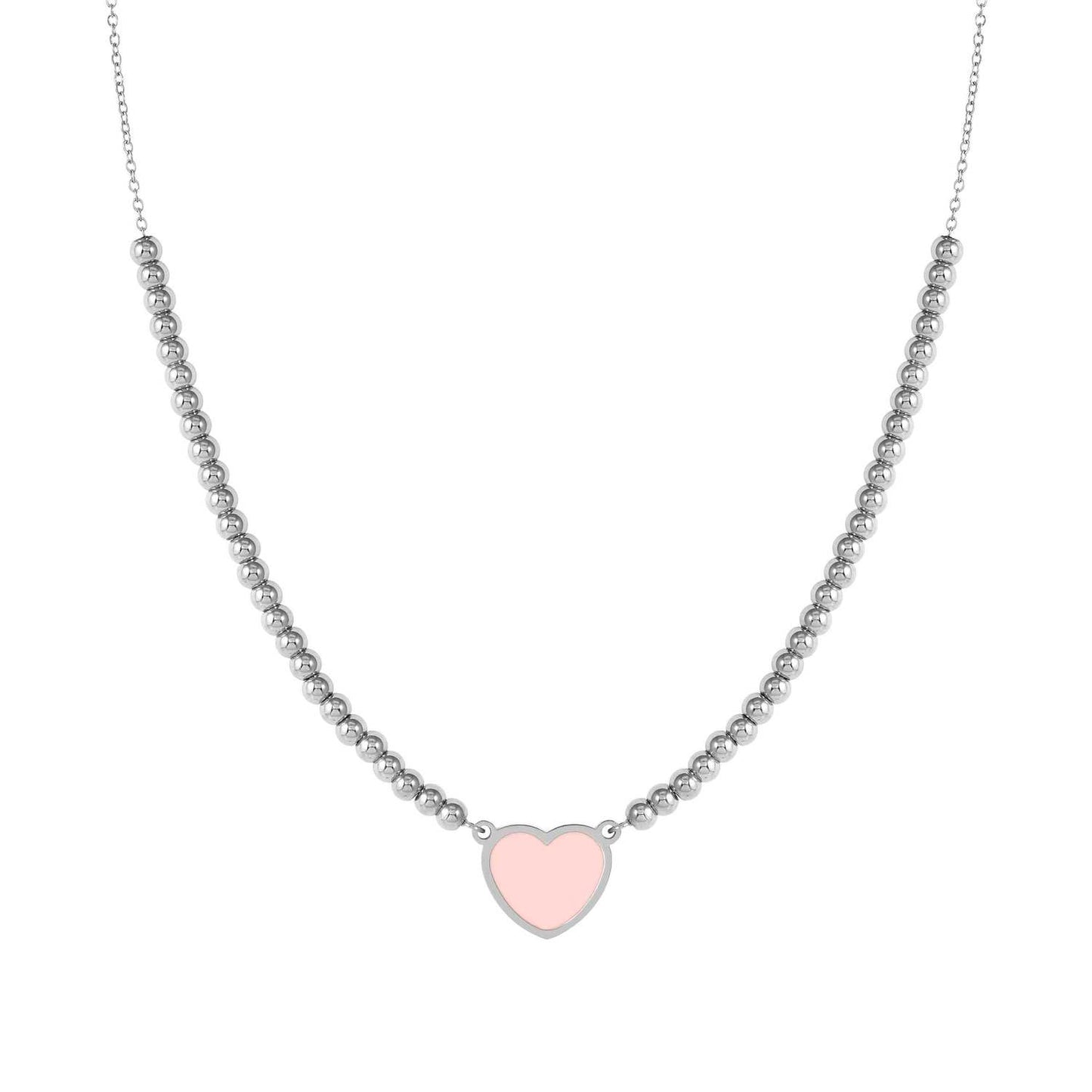 EMOSFERE Steel Chain & Beaded Pink Enamel Heart Necklace 134204/006