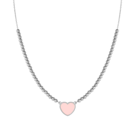 EMOSFERE Steel Chain & Beaded Pink Enamel Heart Necklace 134204/006