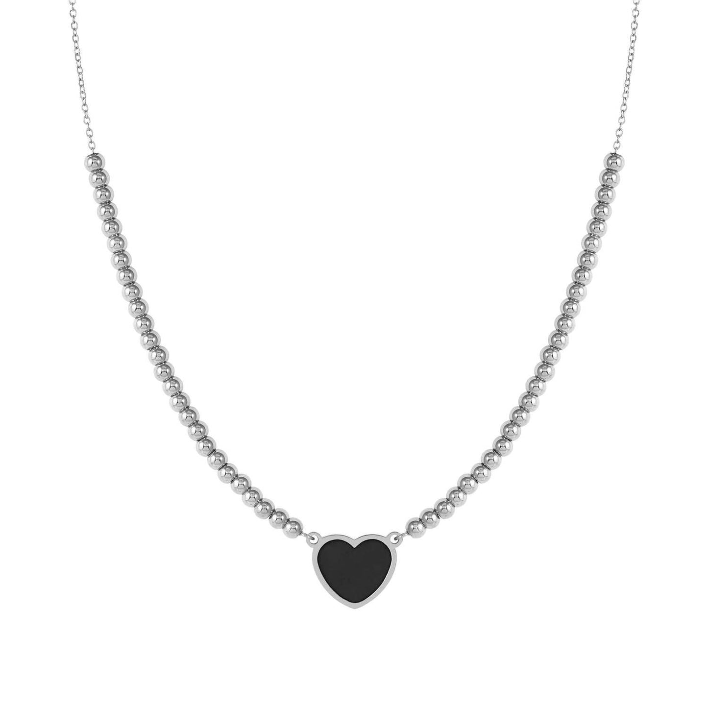 EMOSFERE Steel Chain & Beaded Black Enamel Heart Necklace 134204/035