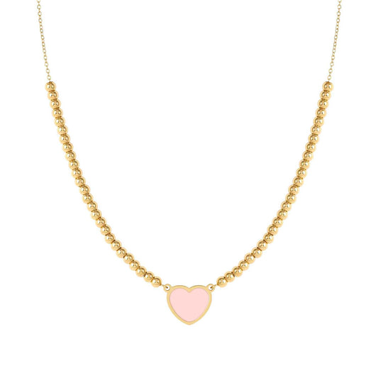 EMOSFERE Yellow PVD Steel Chain & Beaded Pink Enamel Heart Necklace 134214/006