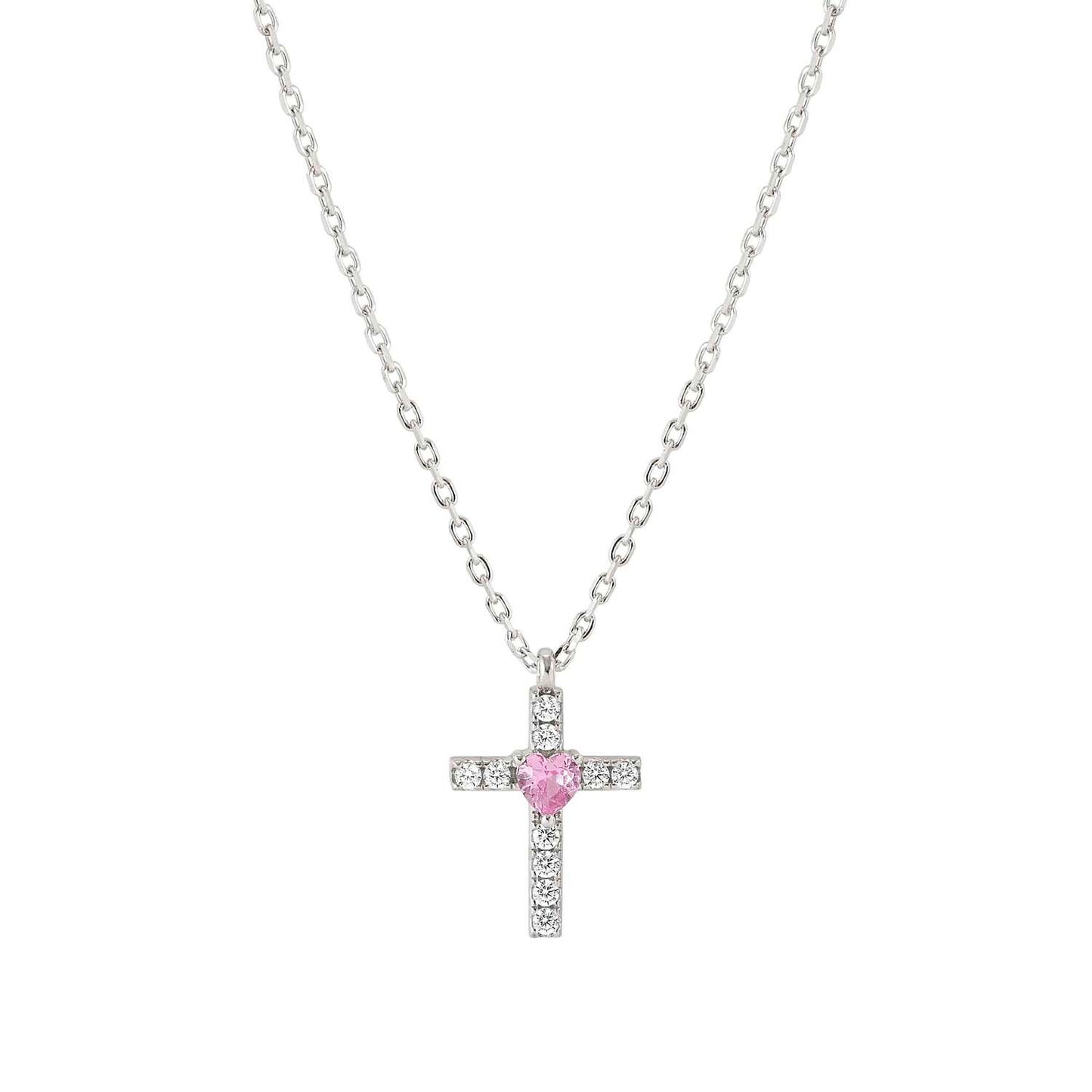 SHINE ME UP White & Pink CZ Cross Silver Necklace 241902/002