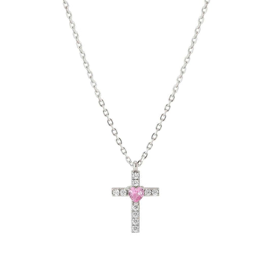 SHINE ME UP White & Pink CZ Cross Silver Necklace 241902/002