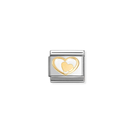 NEW 18ct Yellow Gold Enamel White Heart & Gold Heart Composable Link 030283/27