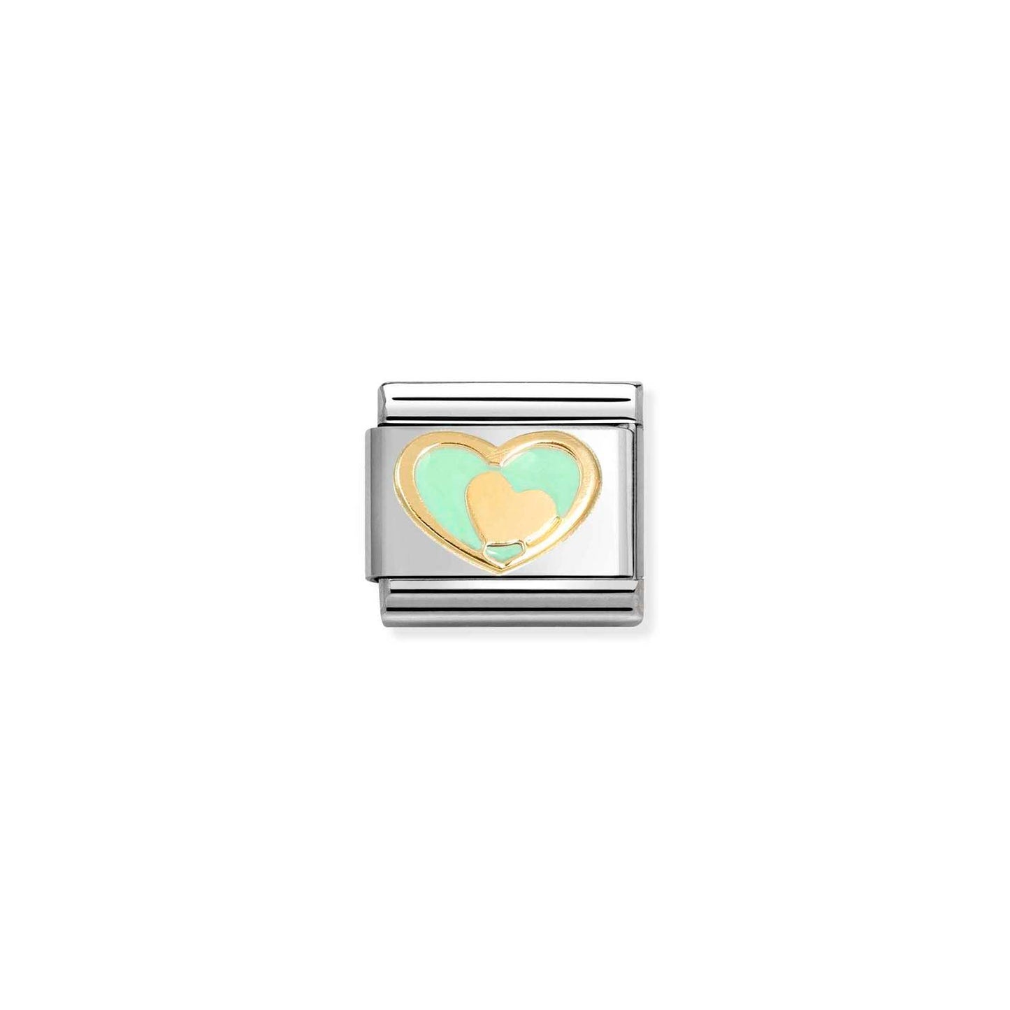 NEW 18ct Yellow Gold Enamel Pastel Green Heart & Gold Heart Composable Link 030283/29