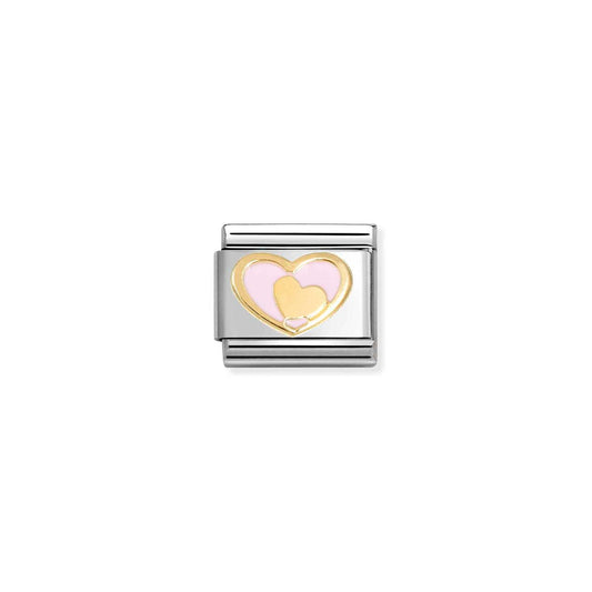 NEW 18ct Yellow Gold Enamel Light Pink Heart & Gold Heart Composable Link 030283/30