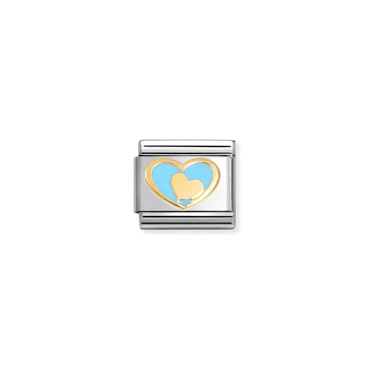 NEW 18ct Yellow Gold Enamel Light Blue Heart & Gold Heart Composable Link 030283/31