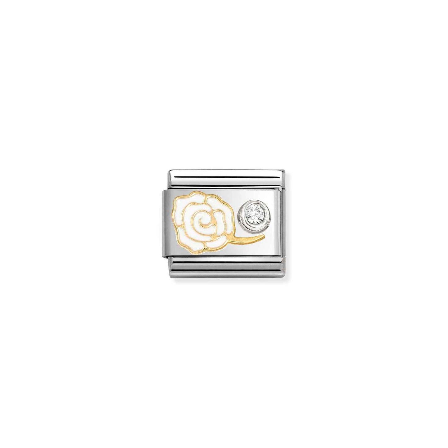 NEW 18ct Yellow Gold & Silver Enamel White Rose with CZ Stone Composable Link 630302/07