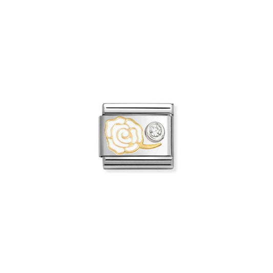 NEW 18ct Yellow Gold & Silver Enamel White Rose with CZ Stone Composable Link 630302/07