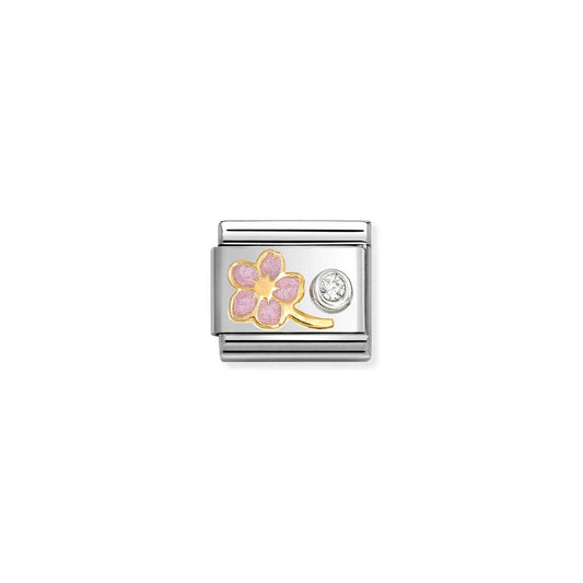 NEW 18ct Yellow Gold & Silver Enamel Forget Me Not Pink Flower with CZ Stone Composable Link 630302/08