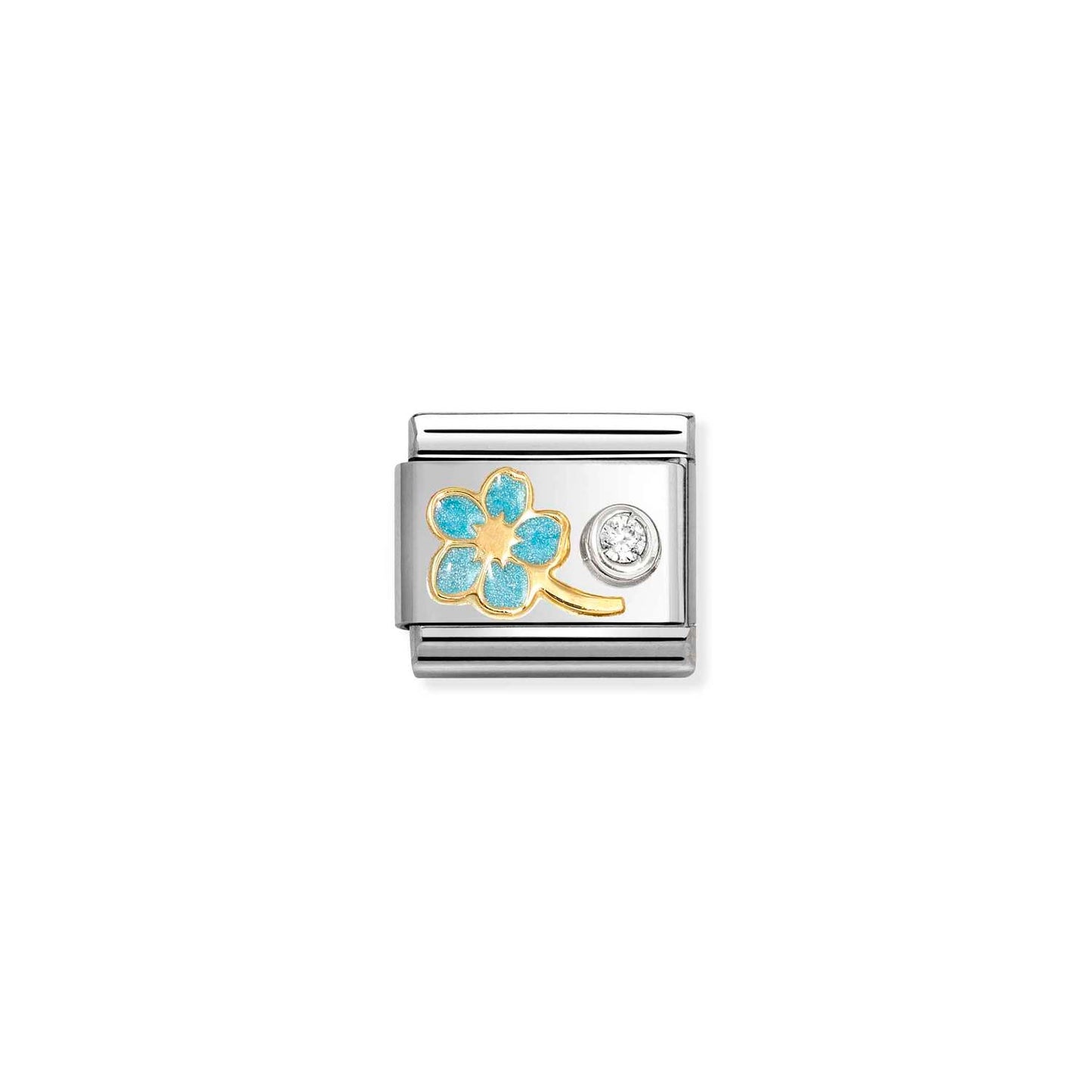 NEW 18ct Yellow Gold & Silver Enamel Forget Me Not Light Blue Flower with CZ Stone Composable Link 630302/09