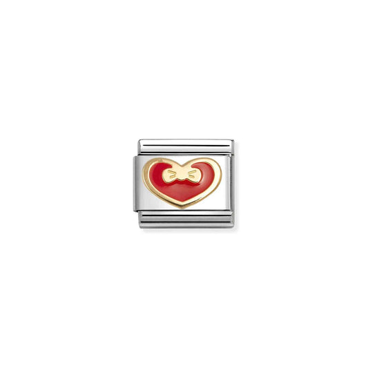 Red Heart with Bow Composable Link in 18ct Yellow Gold & Enamel 030283/33