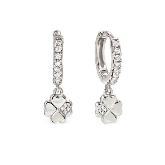Silver CZ Hoop Earrings with Four Leaf Clover CZ Drop 242305/001