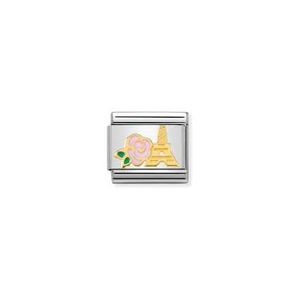 030285/39 Classic 18ct Yellow Gold Eiffel Towe & Pink Enamel Rose Link