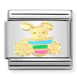 030272/74 Classic 18ct Yellow Gold and Enamel Easter Bunny with Flowers