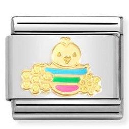 030272/75 Classic 18ct Yellow Gold and Enamel Easter Chick with Flowers