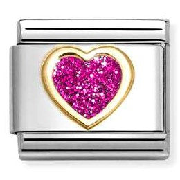 030220/09 Classic, Glitter,steel,enamel, 18k gold FUCHSIA heart