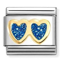 030220/11 NEW Classic 18ct YG Double Heart with Glitter Enamel Heart BLUE