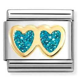 030220/12 NEW Classic 18ct YG Double Heart with Glitter Enamel Heart LIGHT BLUE