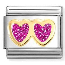 030220/13 NEW Classic 18ct YG Double Heart with Glitter Enamel Heart FUSCHIA