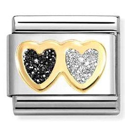 030220/15 NEW Classic 18ct YG DOUBLE Heart with Glitter Enamel Heart BLACK and SILVER