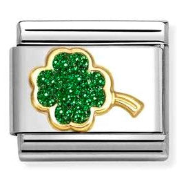 030220/18 NEW Classic 18ct YG Flower with Glitter Enamel Four Leaf Clover GREEN